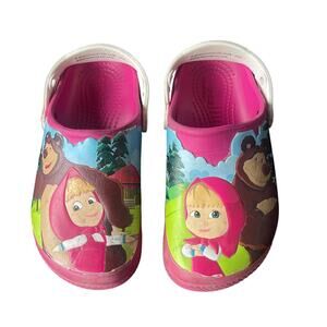Crocs Shoes Youth Size 1 J1 Pink White Masha and the Bear Clogs Slip On Comfort